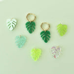 monstera leaf charm huggie - lightweight acrylic motif hoops