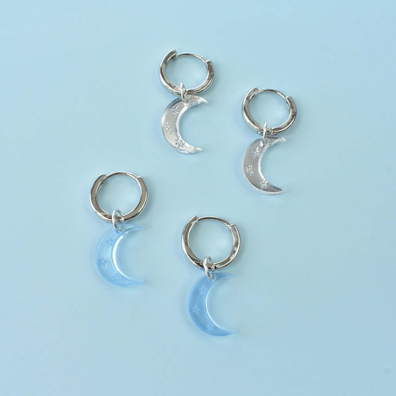 silver moon charm huggy hoops - lightweight crescent moons earrings