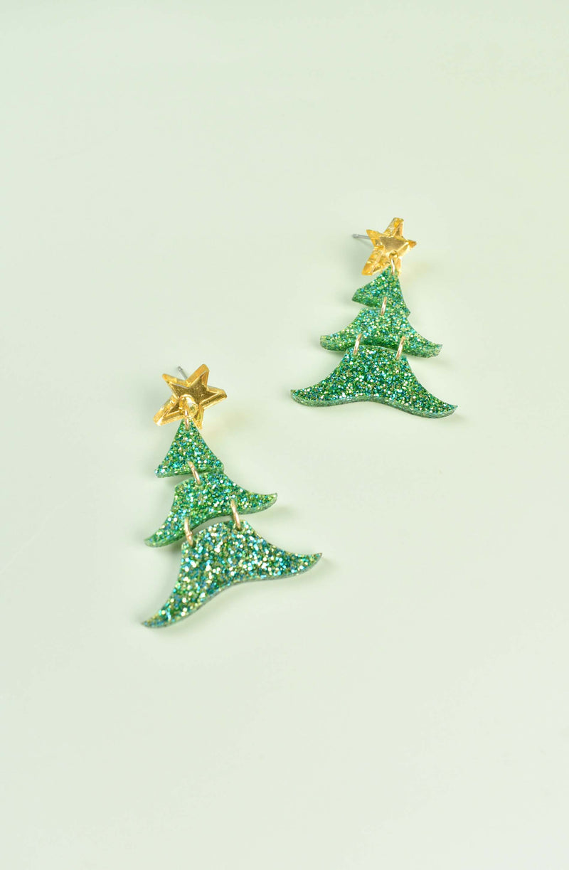 GREEN GLITTER CHRISTMAS TREE EARRINGS