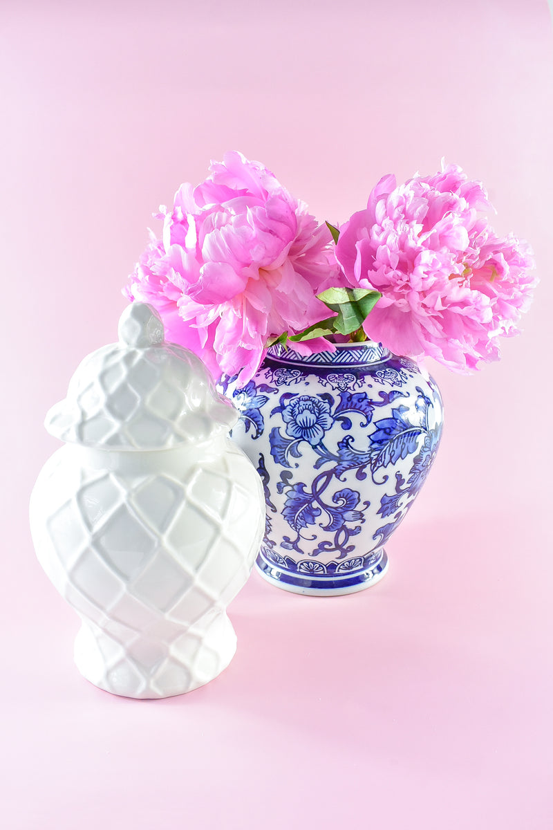 chinoiserie white lidded ginger jar