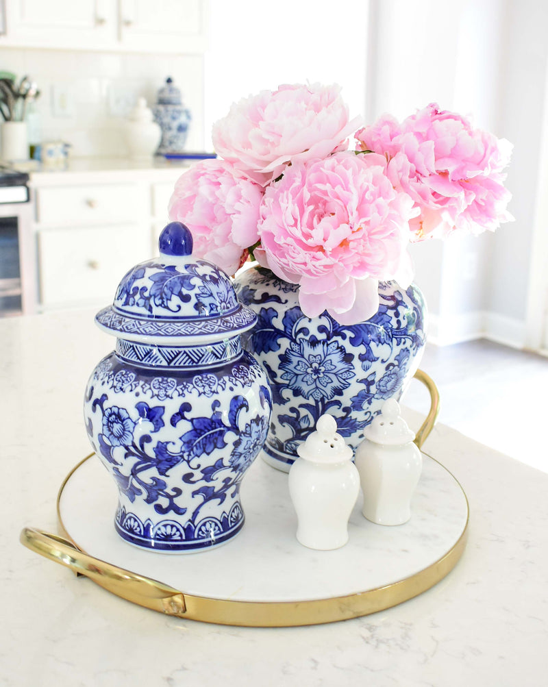 blue and white chinoiserie chic ginger jar with peonies