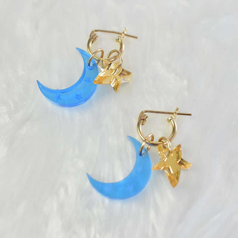 blue moon gold star charm tiny hoop earrings 
