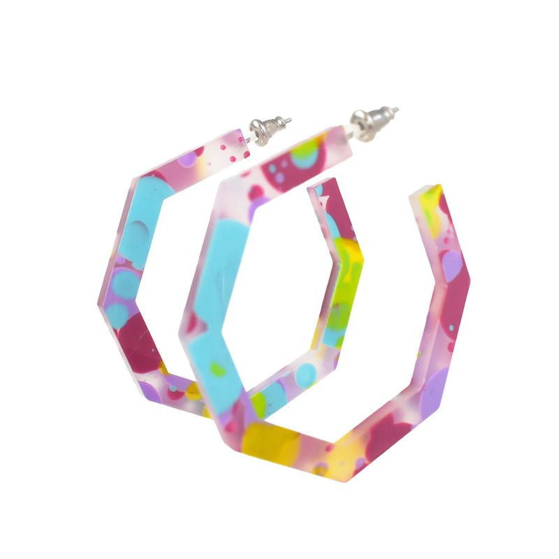 big octagon shape splatter hoop earrings - lightweight acrylic hoops